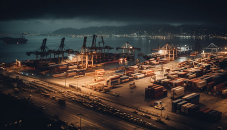 Container ship unloading at illuminated commercial dock generated by artificial intelligenceの素材