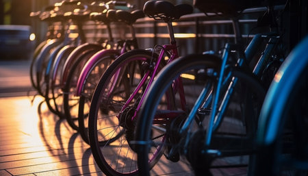 Metal bicycle wheel reflects city street traffic lights generated by artificial intelligenceの素材