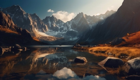 Majestic mountain range reflects tranquil scene at dusk generated by artificial intelligenceの素材