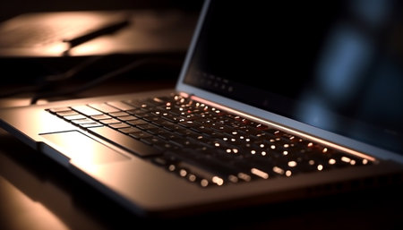Modern laptop on desk glows blue abstractly generated by artificial intelligenceの素材