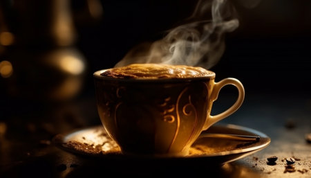 Freshly brewed coffee in rustic coffee shop generated by artificial intelligenceの素材