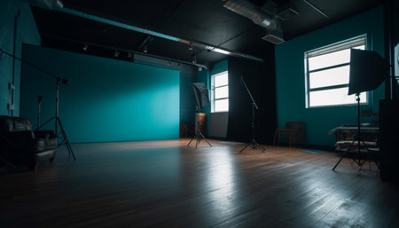 Bright spotlight illuminates modern stage for performance generated by artificial intelligenceの素材