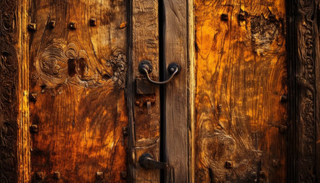Rustic old doorknob on weathered wooden door generated by artificial intelligenceの素材