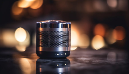 Shiny microphone on metal table in spotlight generated by artificial intelligenceの素材