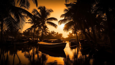 Tranquil scene: palm trees, sunset, reflection, water generated by artificial intelligenceの素材