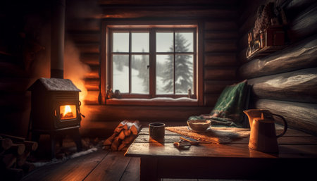 Cozy cottage with burning firewood brings comfort generated by artificial intelligenceの素材