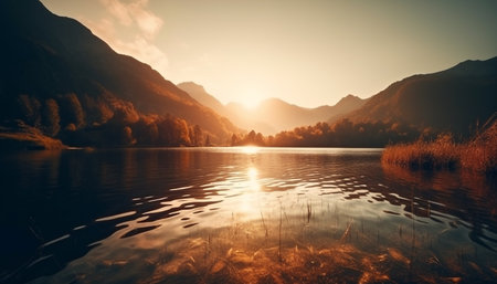 Sunrise over tranquil mountain range, idyllic beauty generated by artificial intelligenceの素材
