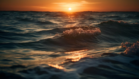 Sunset over water, tranquil scene of beauty generated by artificial intelligenceの素材
