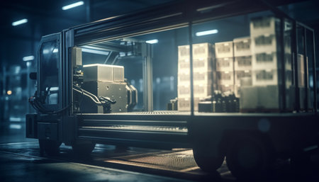 Futuristic warehouse with blue machinery and robots generated by artificial intelligenceの素材