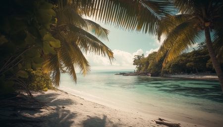 Tranquil scene of palm trees by water generated by artificial intelligenceの素材