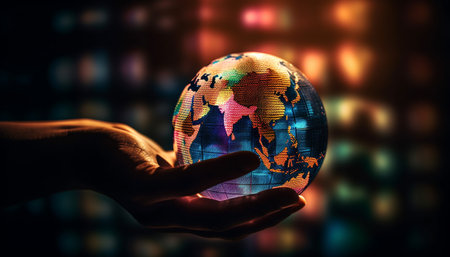 Global businessman holding glowing world map sphere generated by artificial intelligenceの素材