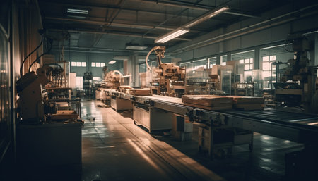 Metal worker standing in factory with machinery generated by artificial intelligenceの素材