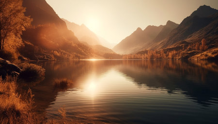 Majestic mountain range reflects tranquil sunset beauty generated by artificial intelligenceの素材
