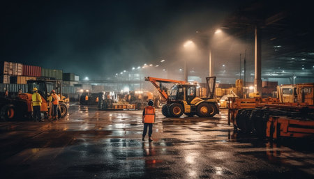 Men working with heavy machinery at night generated by artificial intelligenceの素材