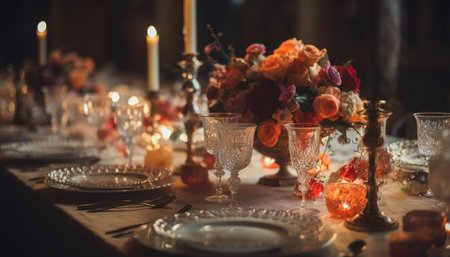 An ornate wedding reception table with elegant flower arrangements generated by artificial intelligenceの素材
