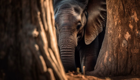 Elephant calf looking at camera in African wilderness, walking peacefully generated by artificial intelligenceの素材