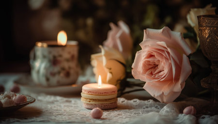 Burning candlelight sets the mood for romantic chocolate dessert generated by artificial intelligenceの素材