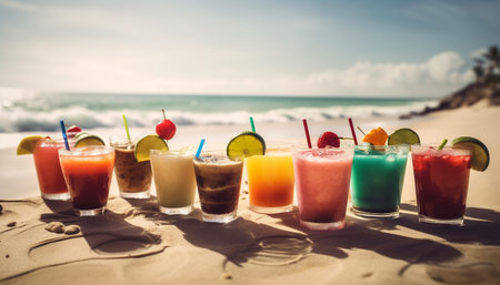 A refreshing tropical cocktail with fresh fruit, ice, and soda generated by artificial intelligenceの素材