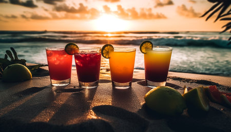Sipping a fruity cocktail at sunset on a tropical beach generated by artificial intelligenceの素材