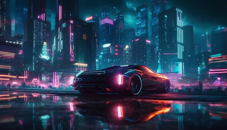A futuristic sports car speeds through the illuminated cityscape at dusk generated by artificial intelligenceの素材
