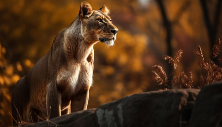 The majestic lioness hides in the grass, alert and focused generated by artificial intelligenceの素材