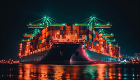 Container ship unloading cargo at Rotterdam illuminated quayside at dusk generated by artificial intelligenceの素材