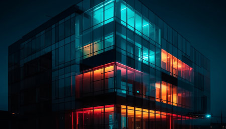 A futuristic skyscraper reflects vibrant city life at twilight generated by artificial intelligenceの素材