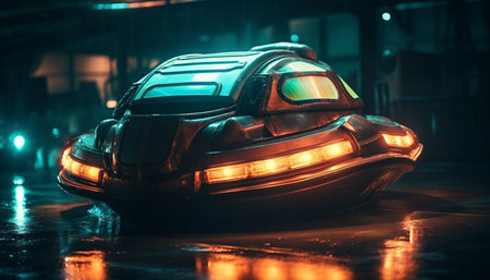 Luxury yacht speeds through illuminated cityscape, reflecting modern architecture generated by artificial intelligenceの素材