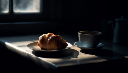 A rustic coffee break with fresh baked bread and croissants generated by artificial intelligenceの素材