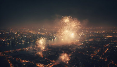Explosive fireworks illuminate city skyline in vibrant celebration of life generated by artificial intelligenceの素材