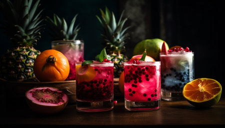 A gourmet cocktail with fresh pineapple, citrus, and juicy berries generated by artificial intelligenceの素材