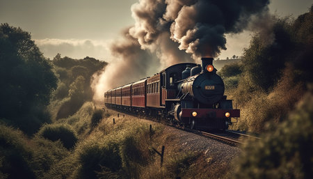 The old fashioned locomotive chugged along the railroad track, billowing smoke generated by artificial intelligenceの素材