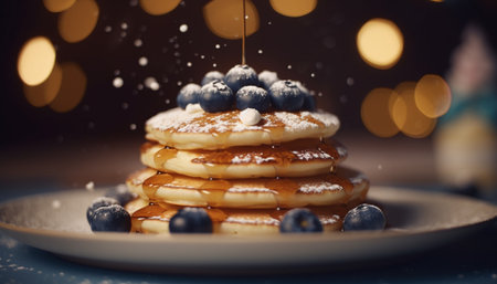 A stack of homemade blueberry pancakes with sweet syrup drizzle generated by artificial intelligenceの素材