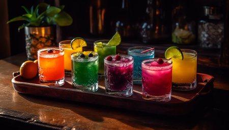 Refreshing citrus cocktails on wooden table at tropical nightclub party generated by artificial intelligenceの素材