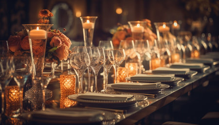 Luxury wedding celebration with elegant decoration, wine bottle and glasses generated by artificial intelligenceの素材