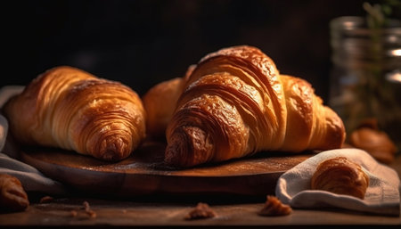 Foreground brioche, puff pastry, sweet bun on cutting board Indulgence generated by artificial intelligenceの素材