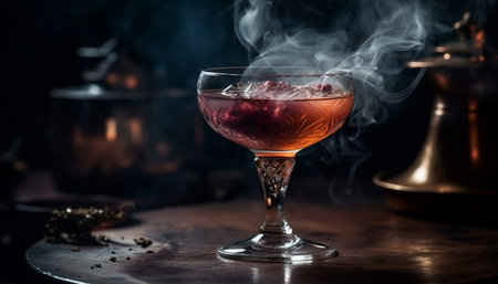 Dark bar, whiskey bottle burning, smoke and flame celebration generated by artificial intelligenceの素材