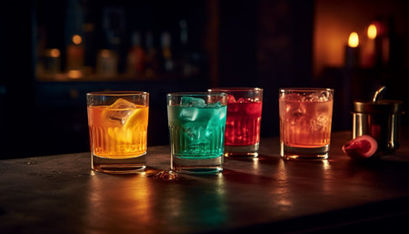A refreshing whiskey cocktail on a wooden bar counter, illuminated generated by artificial intelligenceの素材