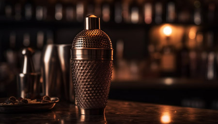 Craft cocktail shaker on metal bar counter in dim light generated by artificial intelligenceの素材