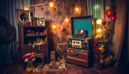 Elegant collection of antique lanterns illuminates rustic living room decor generated by artificial intelligenceの素材