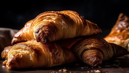 Fluffy croissant baked with butter, meat, and honey gourmet snack generated by artificial intelligenceの素材