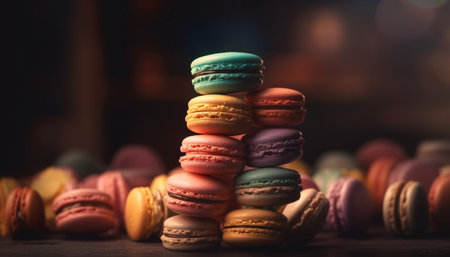 A gourmet French macaroon stack, a sweet indulgence for dessert generated by artificial intelligenceの素材