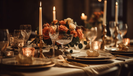 Indulgent banquet with elegant decoration, candlelight, and fine wine glasses generated by artificial intelligenceの素材