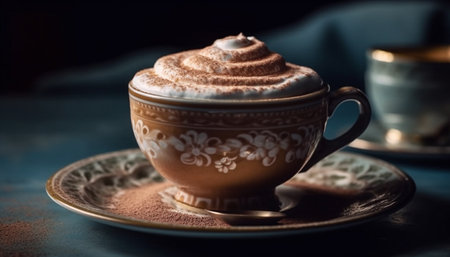 Rustic elegance: hot cappuccino in old fashioned pottery on wooden table generated by artificial intelligenceの素材