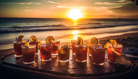 Refreshing cocktail by the beach, perfect for summer vacations generated by artificial intelligenceの素材