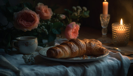 A romantic homemade dessert on a comfortable bed with coffee generated by artificial intelligenceの素材