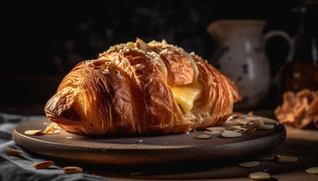 A rustic croissant, baked fresh, with honey and chocolate drizzle generated by artificial intelligenceの素材