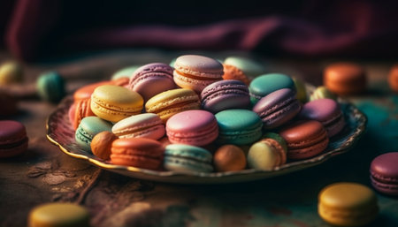 A gourmet French macaroon stack, a sweet indulgence for dessert generated by artificial intelligenceの素材