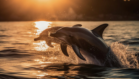 A playful bottle-nosed dolphin jumps in the blue water generated by artificial intelligenceの素材