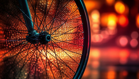 Blurred motion illuminates cycling equipment in abstract night reflection generated by artificial intelligenceの素材